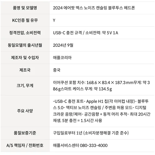 [Apple] 2024 에어팟 맥스 노이즈 캔슬링 블루투스 헤드폰
